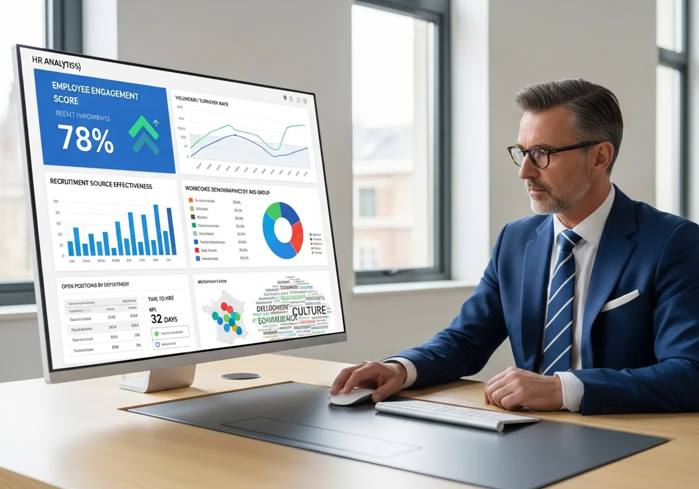 Responsable des ressources humaines consultant le tableau de bord AuditRPS dans son bureau